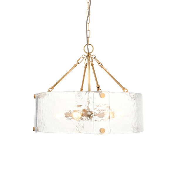 Endon Keller 6 Light Pendant in brushed aged brass with handmade textured clear glass