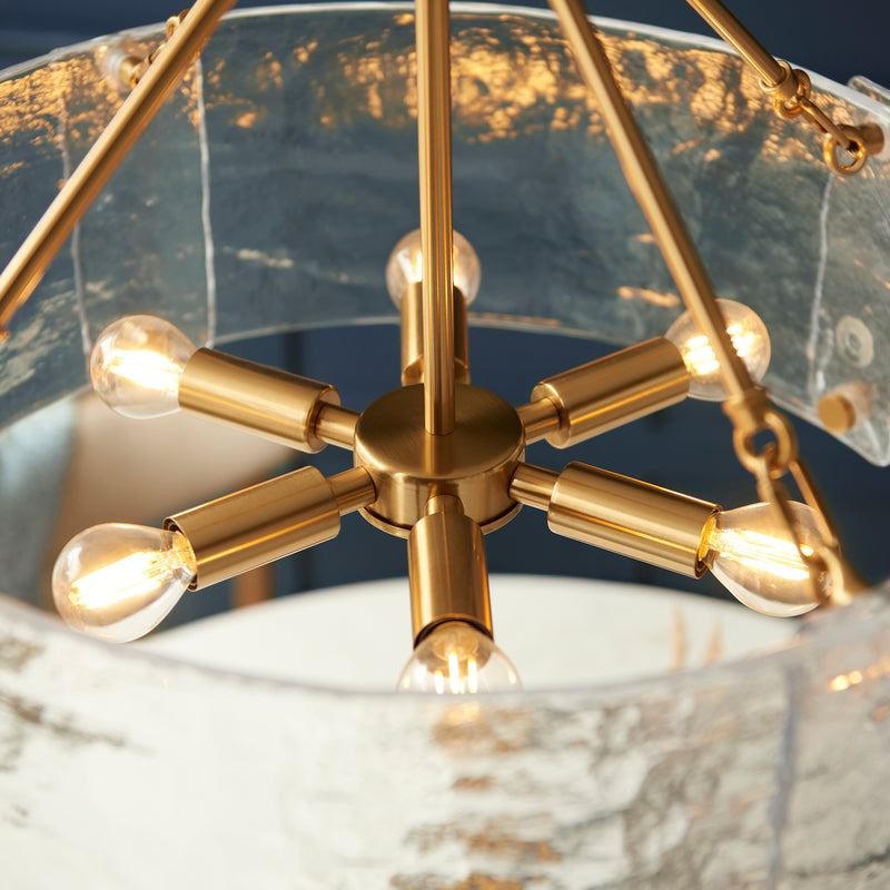 Close-up of the handmade textured clear glass on the Keller 6 Light Pendant