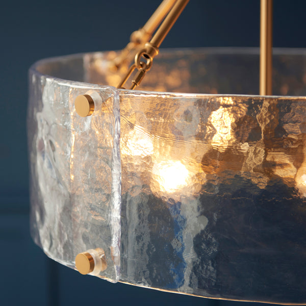 Detail of the brushed aged brass finish on the Keller 6 Light Pendant