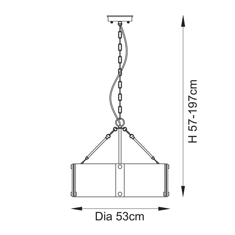 Keller 6 Light Pendant dimension drawing showing width and drop