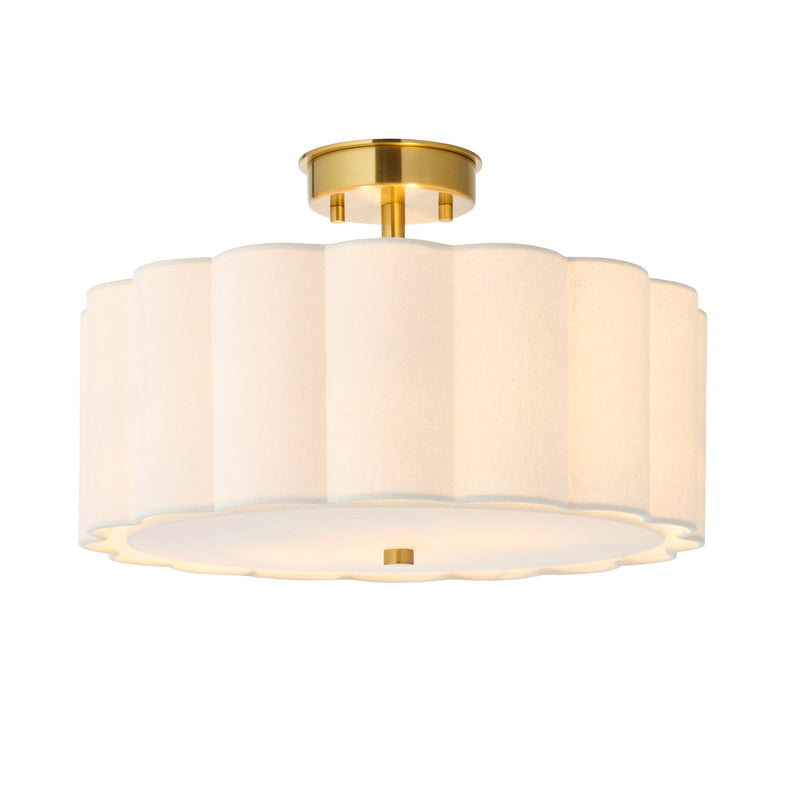 Endon Serene 2 Light Flush Ceiling Light in brushed aged brass with vintage white cotton