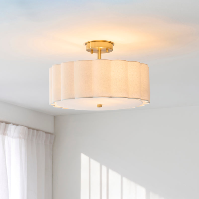 Serene 2 Light Flush Ceiling Light in brushed aged brass on a bedroom ceiling