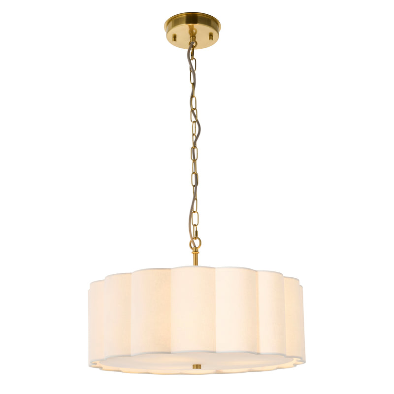 Endon Serene 3 Light Pendant in brushed aged brass with vintage white cotton