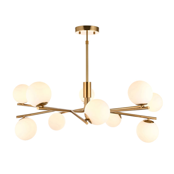 Endon Aaron 10 Light Globe Pendant in brushed aged brass with matt opal glass