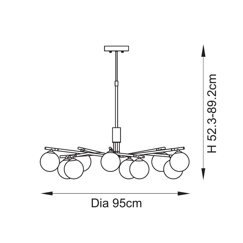 Aaron 10 Light Globe Pendant dimension drawing showing width and drop