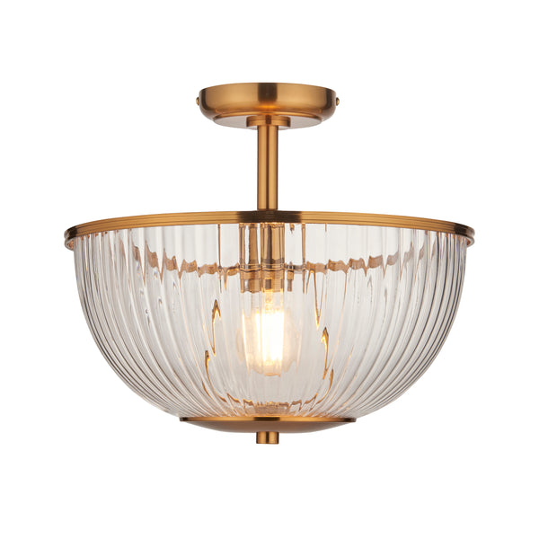 Endon Somerset Uplighter Flush Ceiling Light in vintage brass with clear ribbed glass