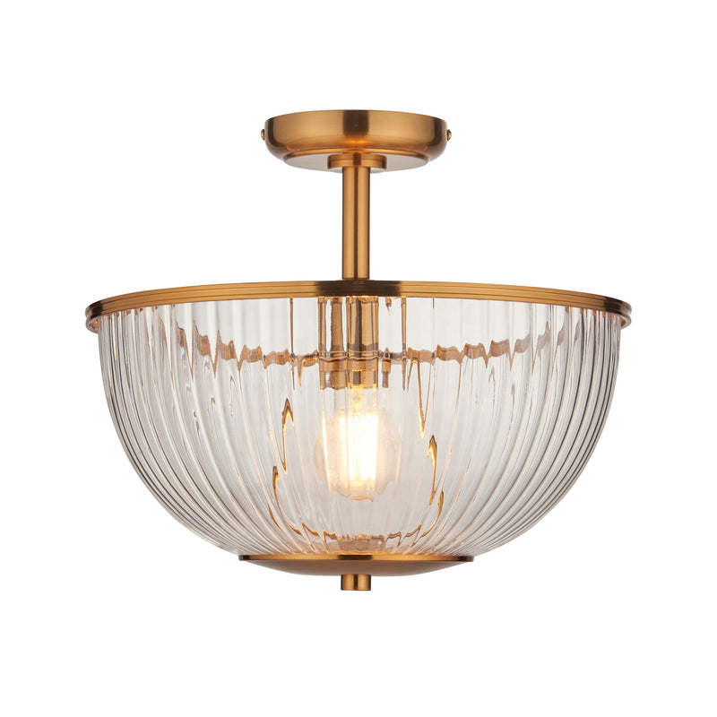 Endon Somerset Uplighter Flush Ceiling Light in vintage brass with clear ribbed glass