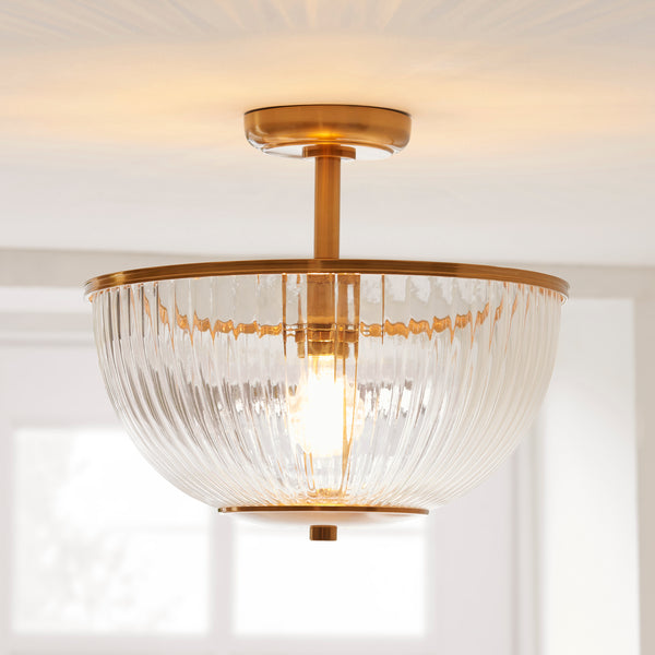 Somerset Uplighter Flush Ceiling Light lit up in a styled hallway