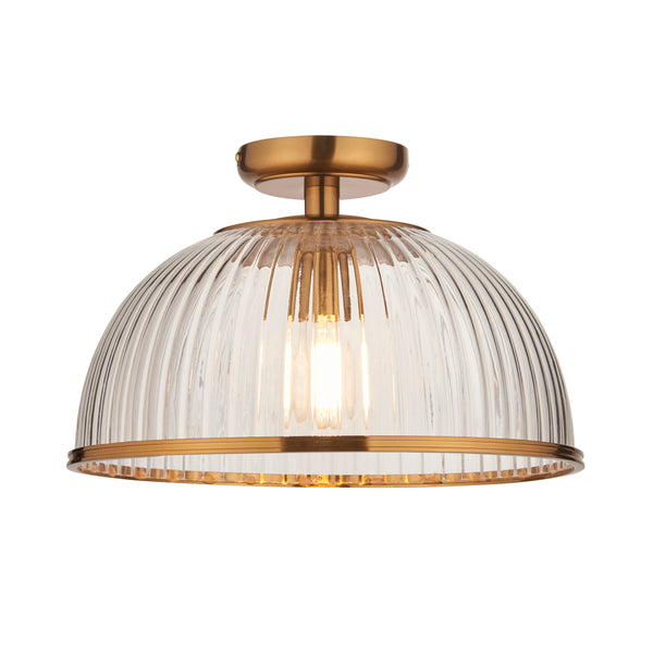 Endon Somerset Flush Ceiling Light in vintage brass with clear ribbed glass