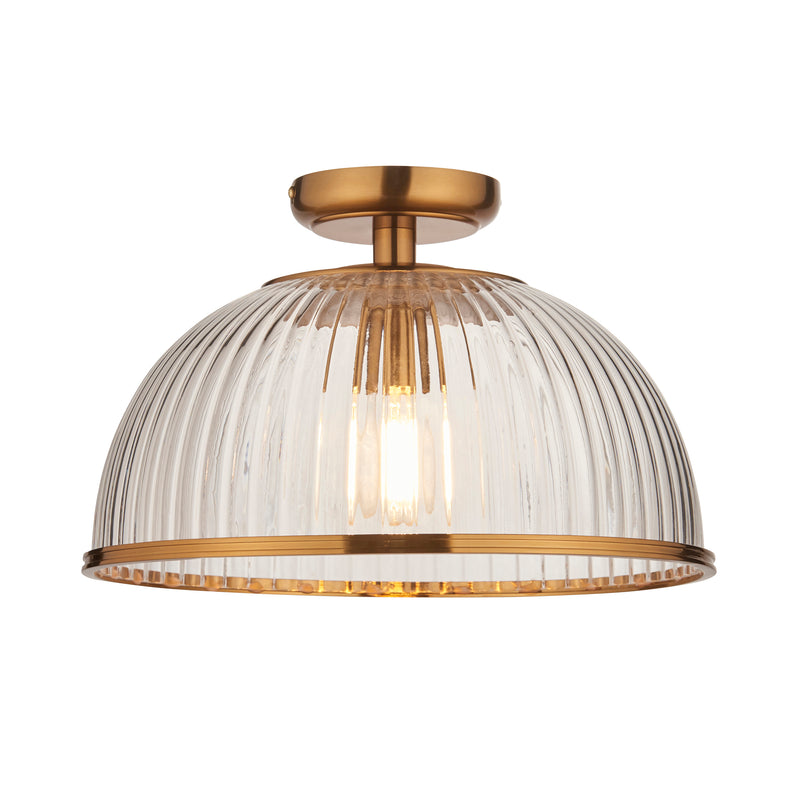 Endon Somerset Flush Ceiling Light in vintage brass with clear ribbed glass