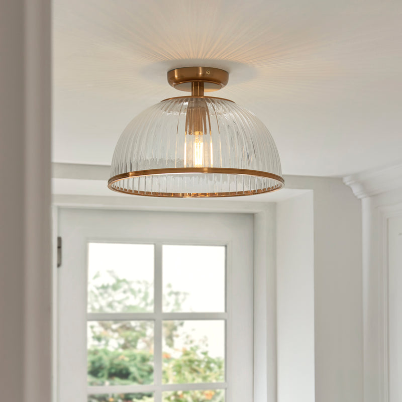 Somerset Flush Ceiling Light in vintage brass on a hallway ceiling