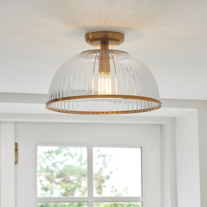 Somerset Flush Ceiling Light lit up in a styled hallway