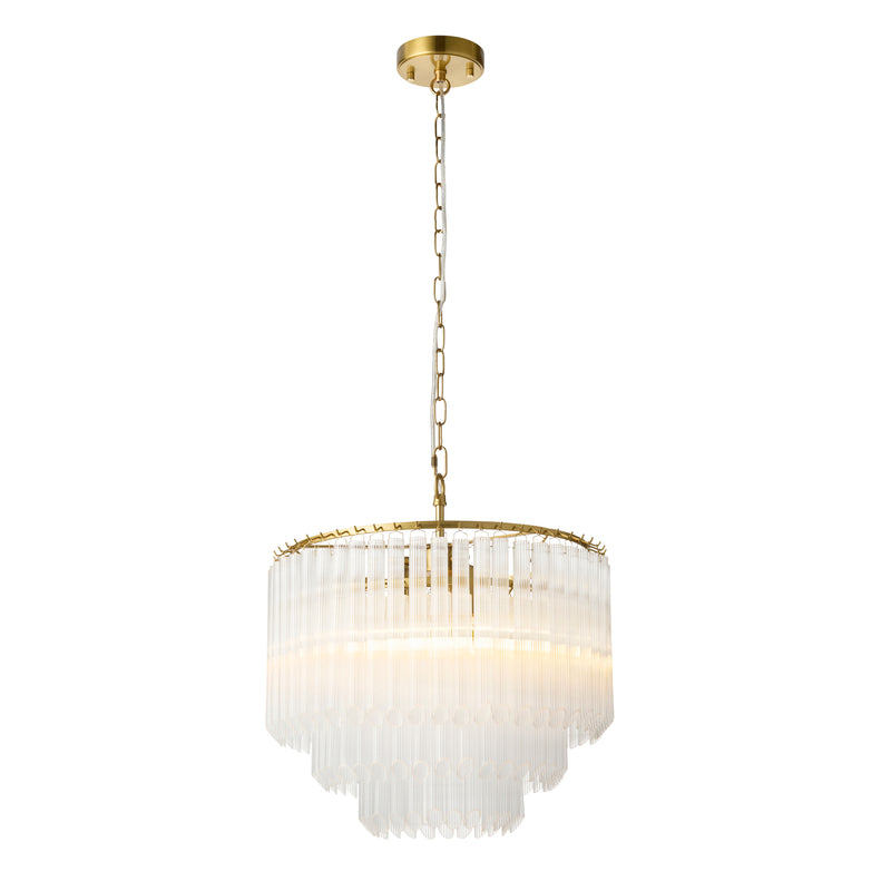 Endon Montpellier 3 Light Chandelier in brushed aged brass with clear ribbed glass