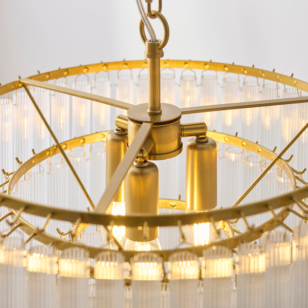 Close-up of the clear ribbed glass on the Montpellier 3 Light Chandelier