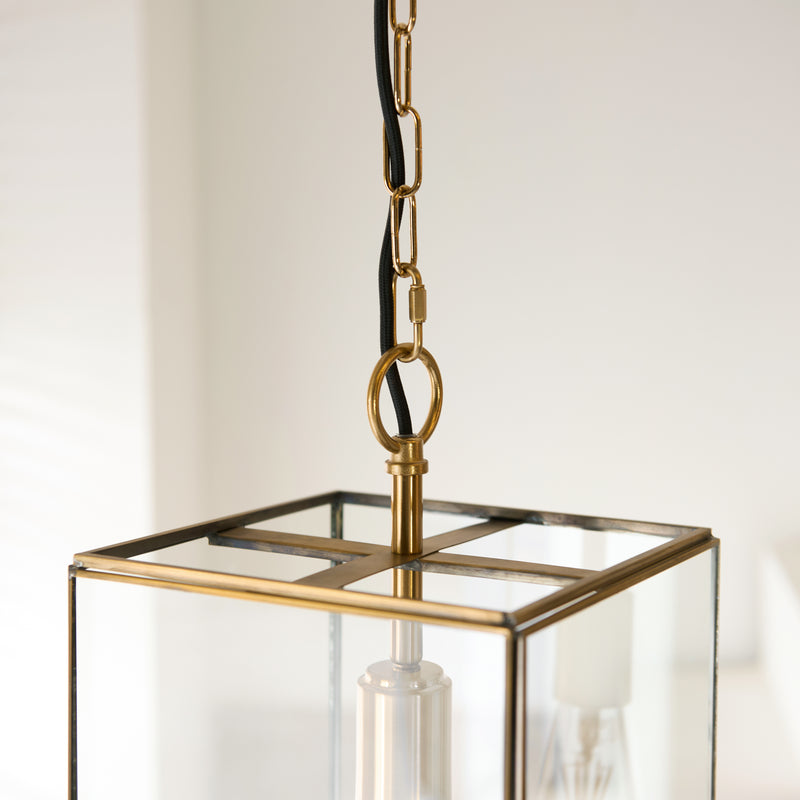 Detail of the aged brass finish on the Hammond Grand Lantern Pendant