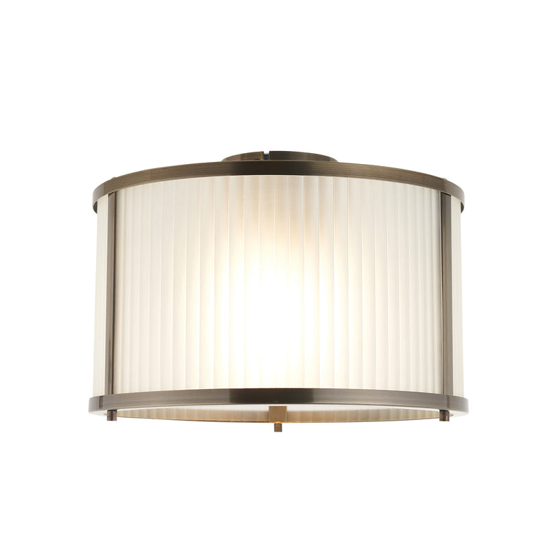 Endon Ridgeton Frosted Flush Ceiling Light in antique brass with frosted ribbed glass