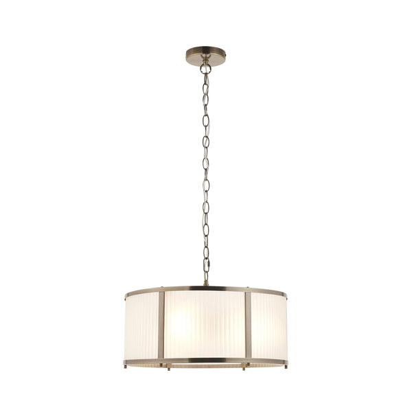 Endon Ridgeton Frosted 3 Light Pendant in antique brass with frosted ribbed glass