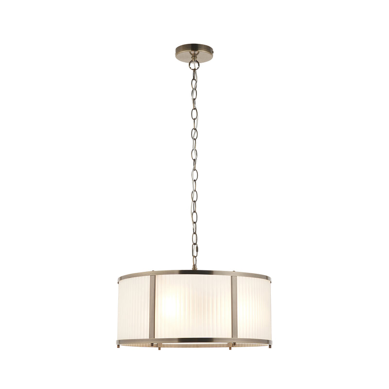 Endon Ridgeton Frosted 3 Light Pendant in antique brass with frosted ribbed glass