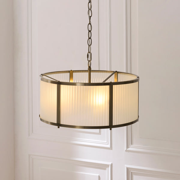 Close-up of the frosted ribbed glass on the Ridgeton Frosted 3 Light Pendant