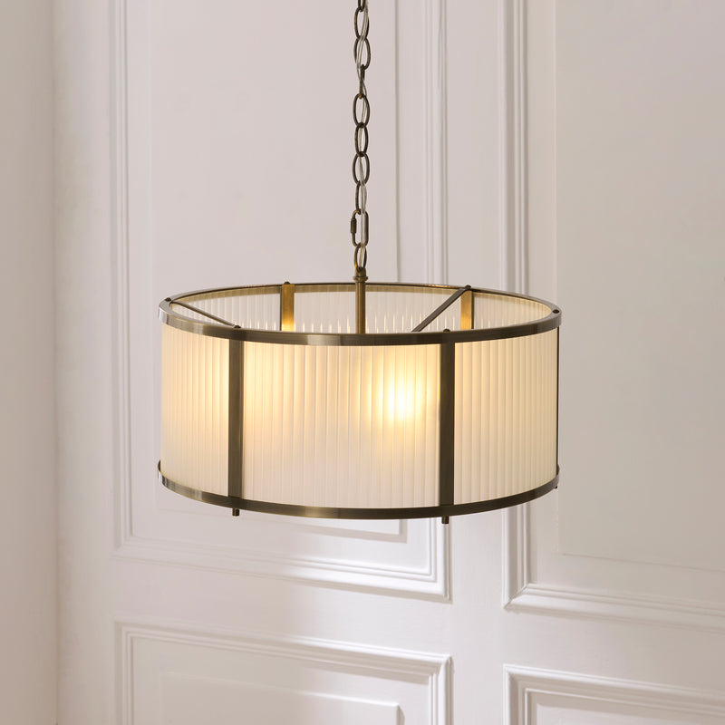 Close-up of the frosted ribbed glass on the Ridgeton Frosted 3 Light Pendant