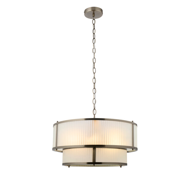 Endon Ridgeton Frosted 5 Light Tiered Pendant in antique brass with frosted ribbed glass