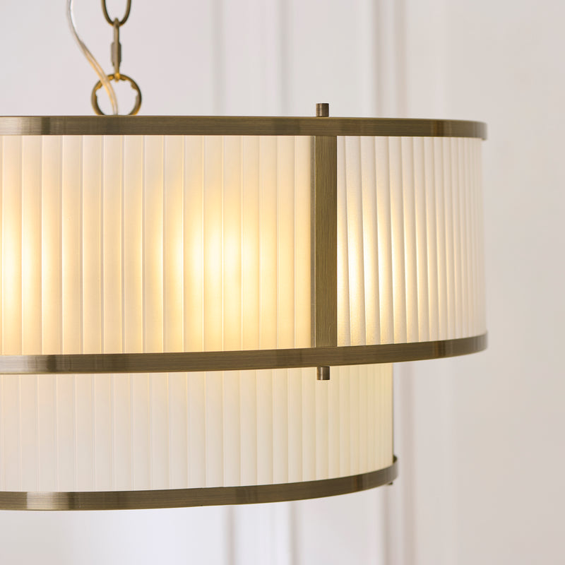 Close-up of the frosted ribbed glass on the Ridgeton Frosted 5 Light Tiered Pendant