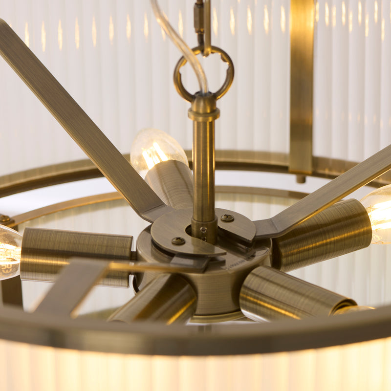 Ridgeton Frosted 5 Light Tiered Pendant detail showing the frosted ribbed glass and fittings
