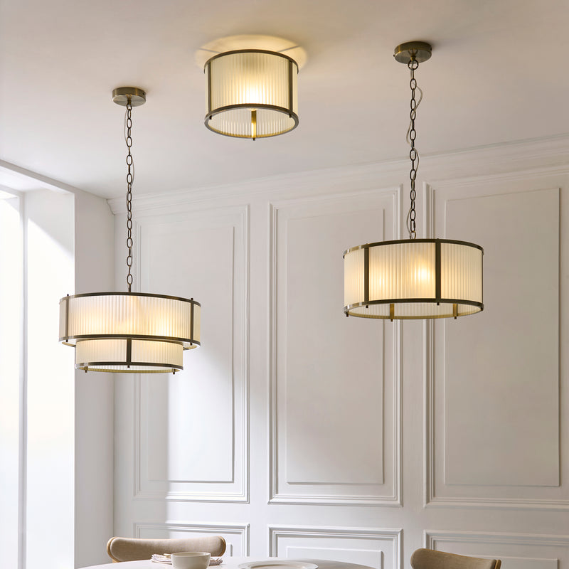 Close-up of the Ridgeton Frosted 5 Light Tiered Pendant ceiling plate and fittings