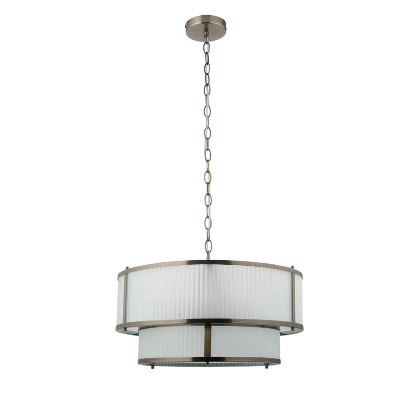 Ridgeton Frosted 5 Light Tiered Pendant dimension drawing showing width and drop