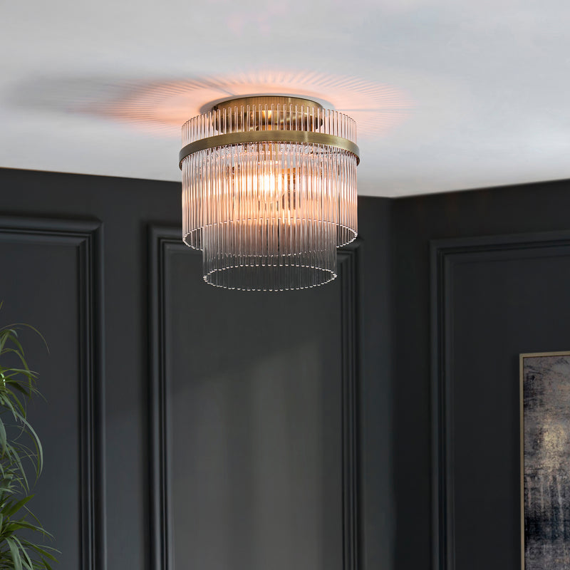 Marietta Flush Ceiling Light in antique brass on a hallway ceiling