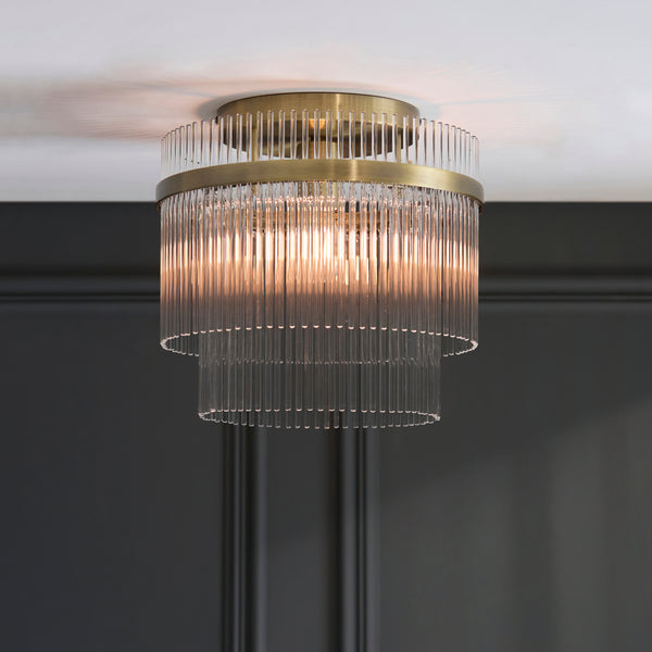 Marietta Flush Ceiling Light lit up in a styled hallway