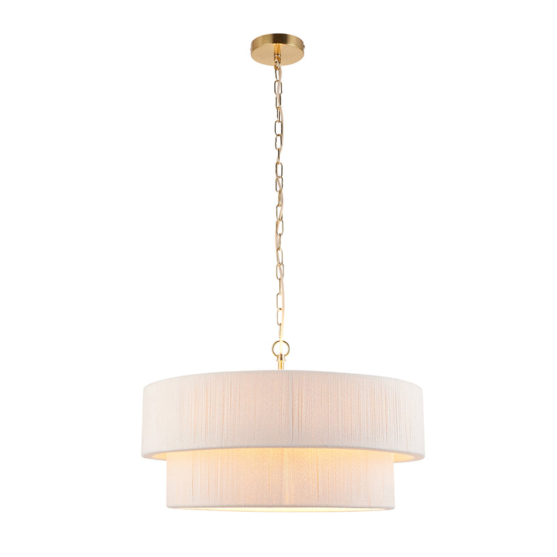Endon Noah 5 Light Tiered Pendant in brushed brass and cream cotton