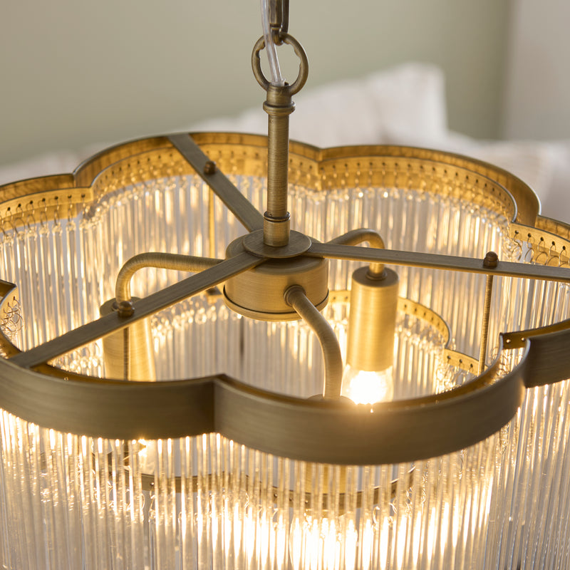 Detail of the antique brass finish on the Lucille 3 Light Chandelier