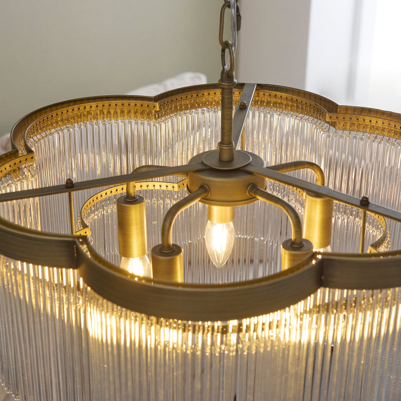 Detail of the antique brass finish on the Lucille 5 Light Chandelier