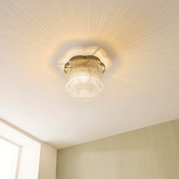 Lucille Flush Ceiling Light lit up in a styled hallway