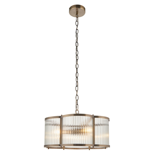 Endon Ridgeton Scallop 3 Light Pendant in antique brass with clear ribbed glass