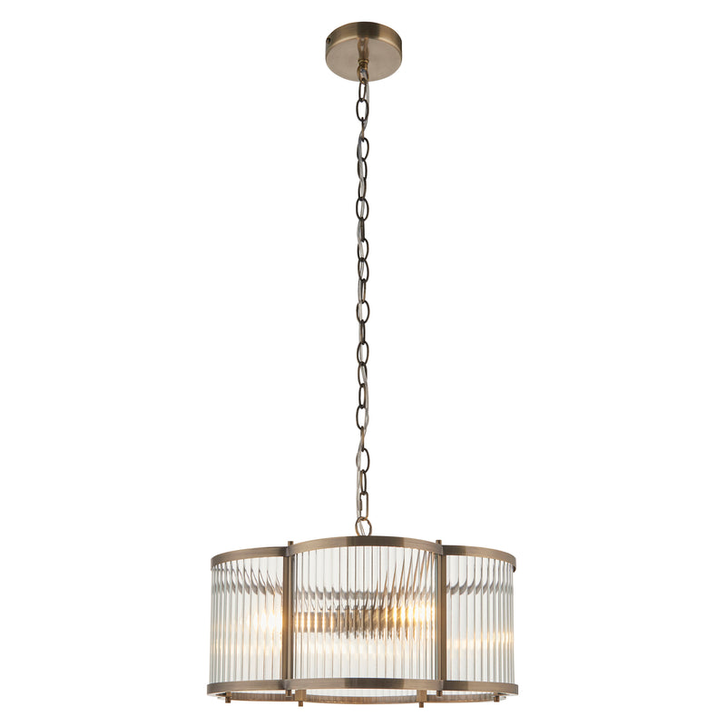 Endon Ridgeton Scallop 3 Light Pendant in antique brass with clear ribbed glass