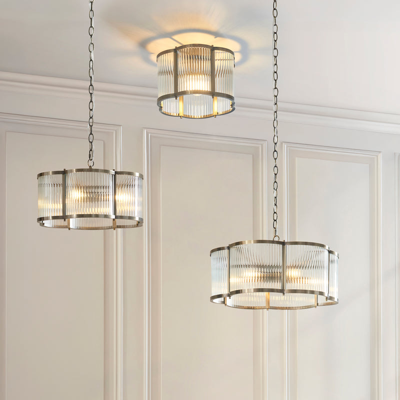 Ridgeton Scallop 3 Light Pendant detail showing the clear ribbed glass and fittings