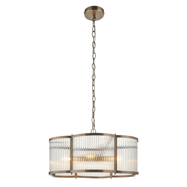 Endon Ridgeton Scallop 5 Light Pendant in antique brass with clear ribbed glass