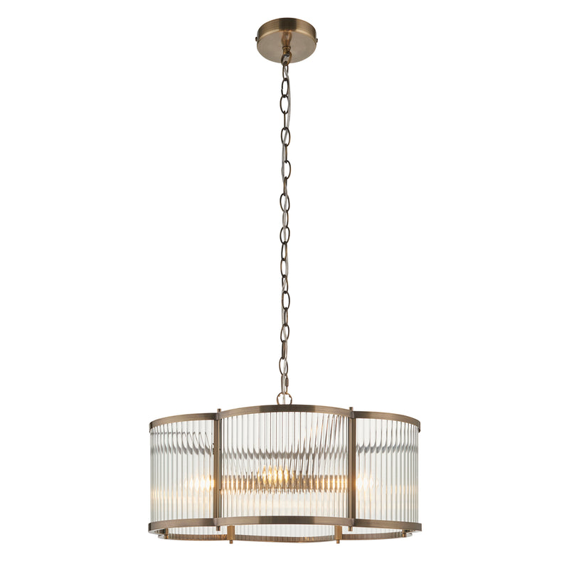 Endon Ridgeton Scallop 5 Light Pendant in antique brass with clear ribbed glass