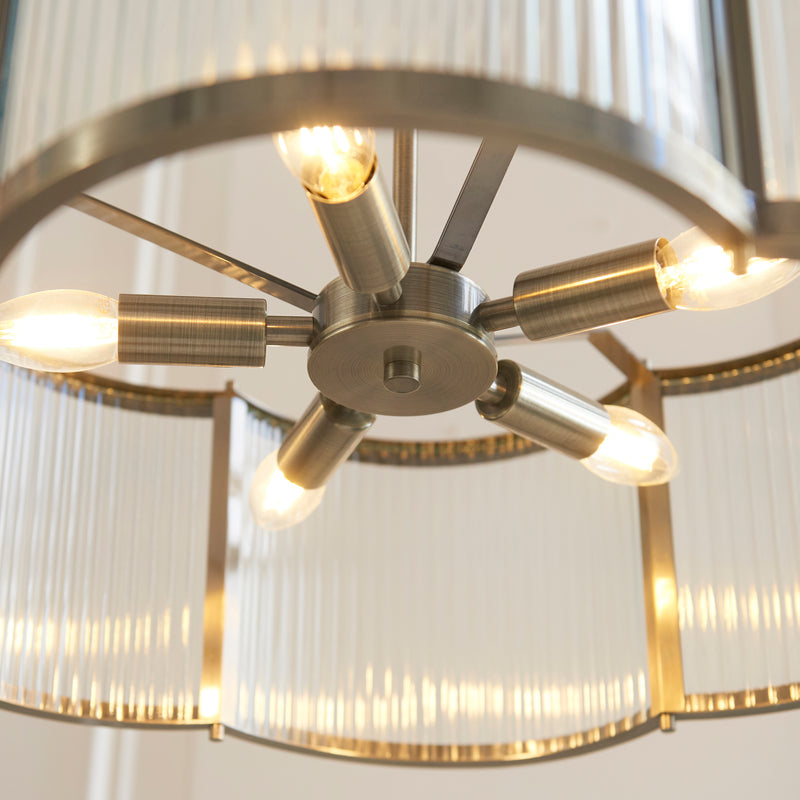 Close-up of the clear ribbed glass on the Ridgeton Scallop 5 Light Pendant
