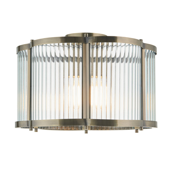 Endon Ridgeton Scallop Flush Ceiling Light in antique brass with clear ribbed glass