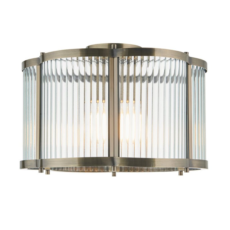 Endon Ridgeton Scallop Flush Ceiling Light in antique brass with clear ribbed glass