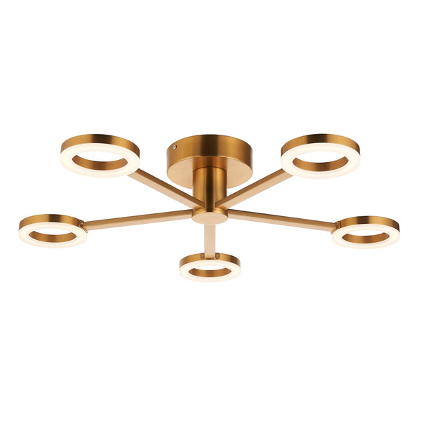 Endon Scout 5 Light LED Semi Flush Ceiling Light in warm brass with frosted polycarbonate
