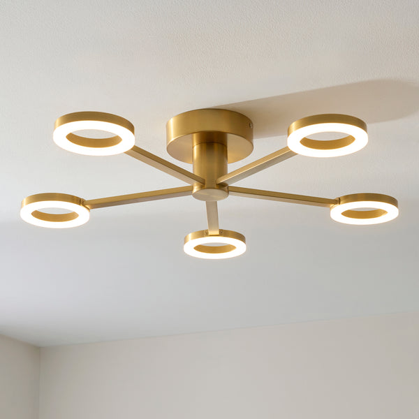 Scout 5 Light LED Semi Flush Ceiling Light in warm brass shown in a room setting
