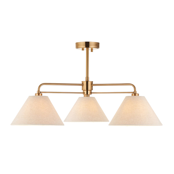 Endon Wallbridge 3 Light Semi Flush Ceiling Light in brushed aged brass with natural linen
