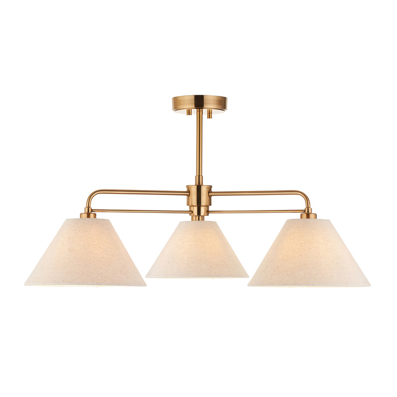 Endon Wallbridge 3 Light Semi Flush Ceiling Light in brushed aged brass with natural linen