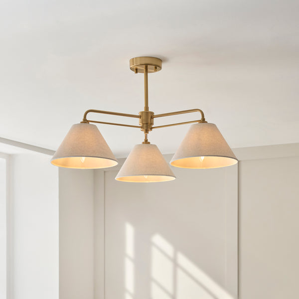 Wallbridge 3 Light Semi Flush Ceiling Light lit up in a styled bedroom