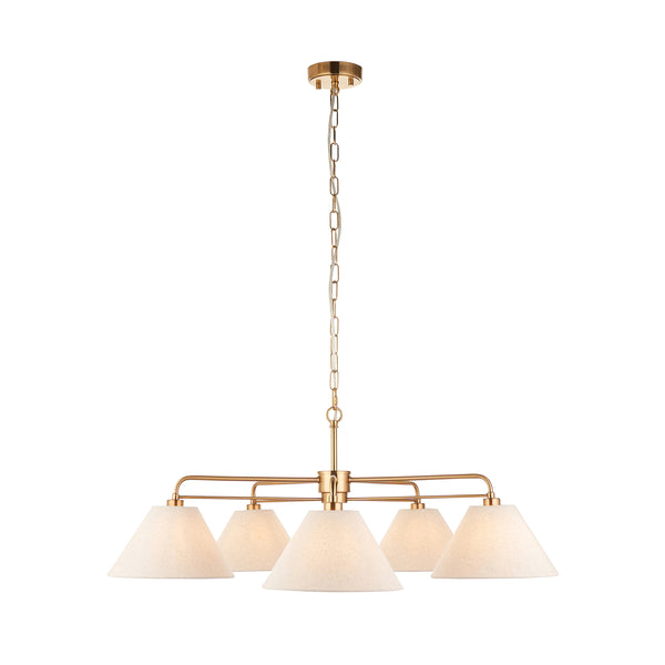 Endon Wallbridge 5 Light Chandelier in brushed aged brass with natural linen