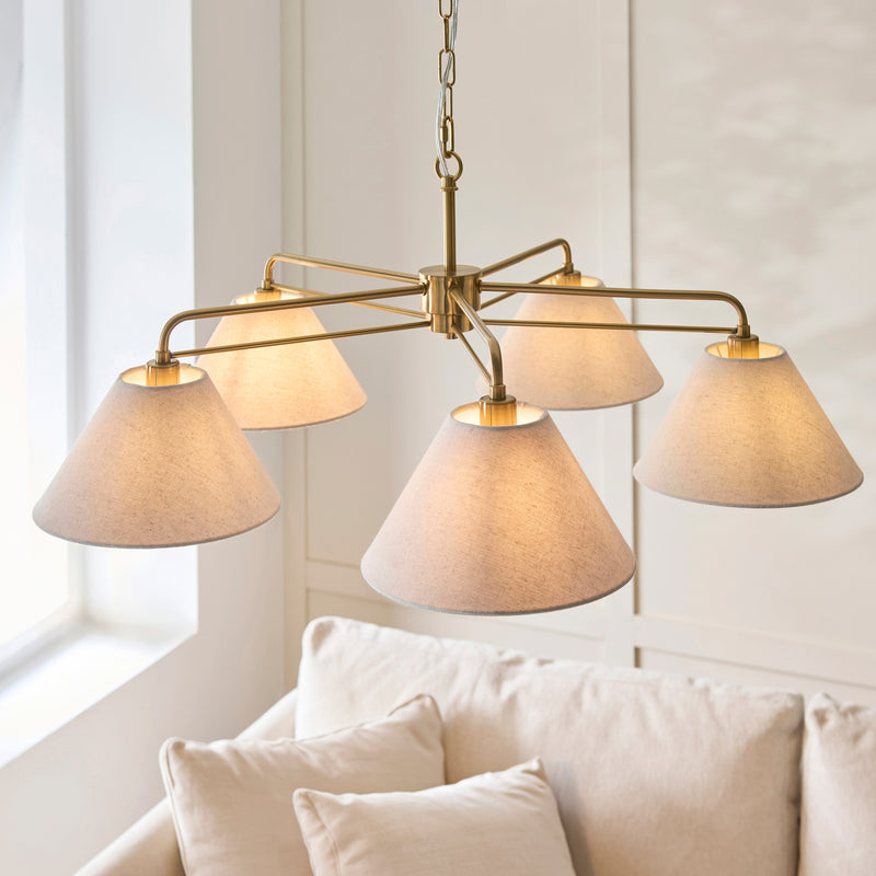 Close-up of the natural linen on the Wallbridge 5 Light Chandelier